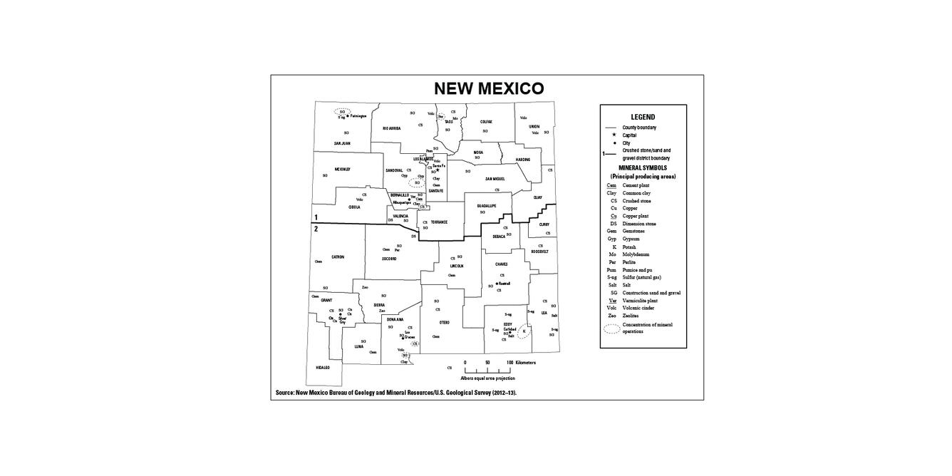 Screenshot of New Mexico mineral commodity producing areas map from 2012-2013 Minerals Yearbook