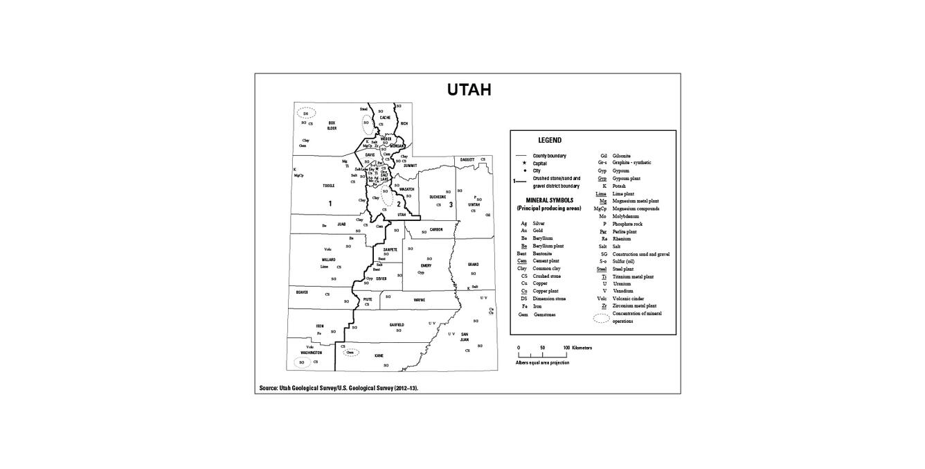 Screenshot of Utah mineral commodity producing areas map from 2012-2013 Minerals Yearbook