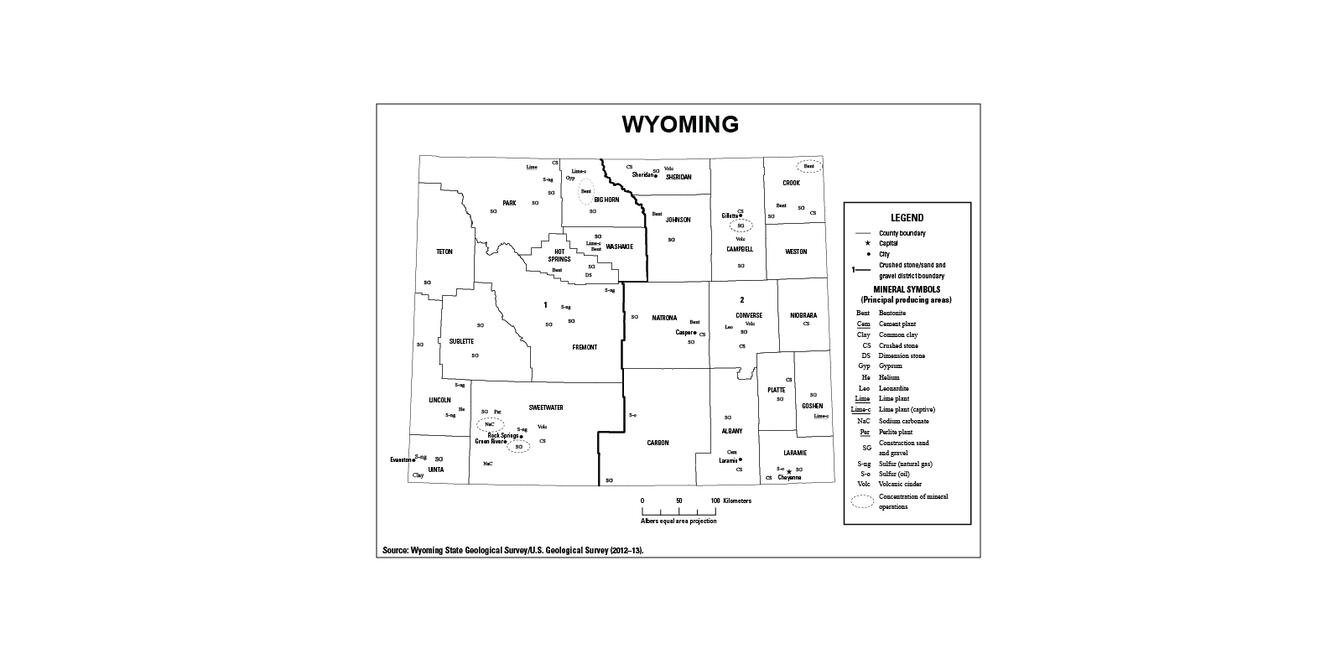 Screenshot of Wyoming mineral commodity producing areas map from 2012-2013 Minerals Yearbook