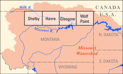 Map showing location of Shelby, Havre, Glasgow, and Wolf Point