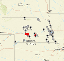 Screen shot of NWIS water quality sites in Nebraska