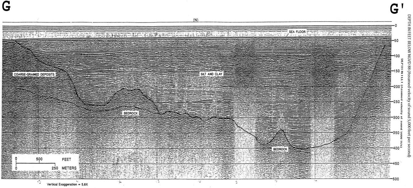 black and white graph of a marine seismic-reflection section