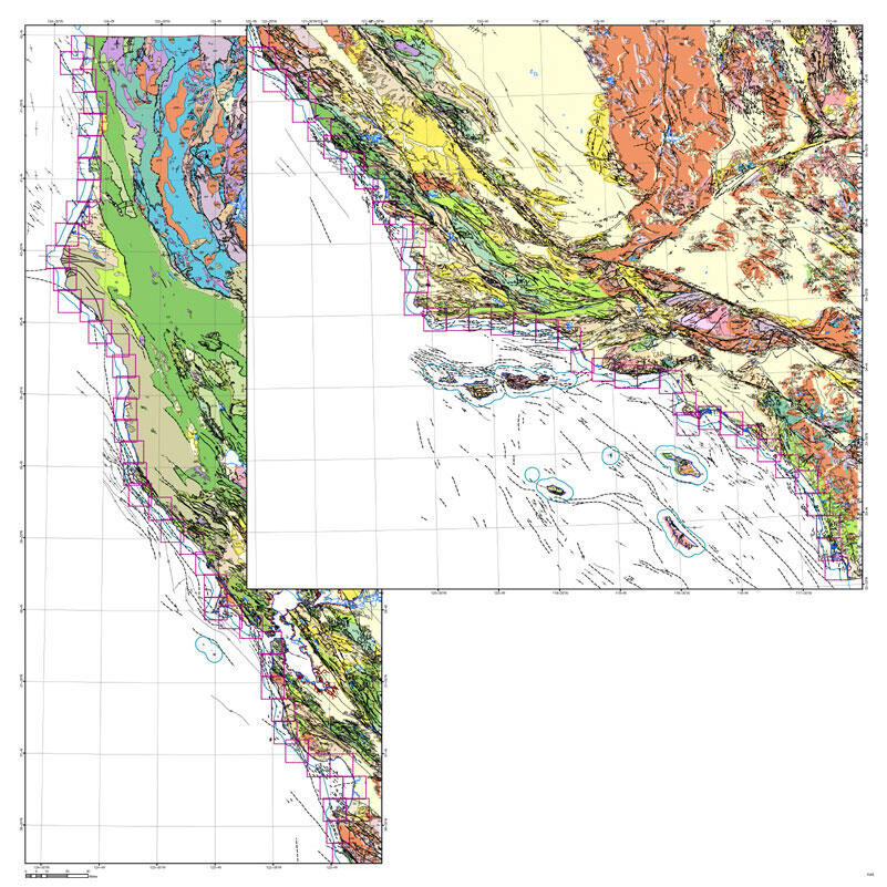 Two map illustrations stacked together to show coastal region with fault lines, geologic units, and coastal map blocks.