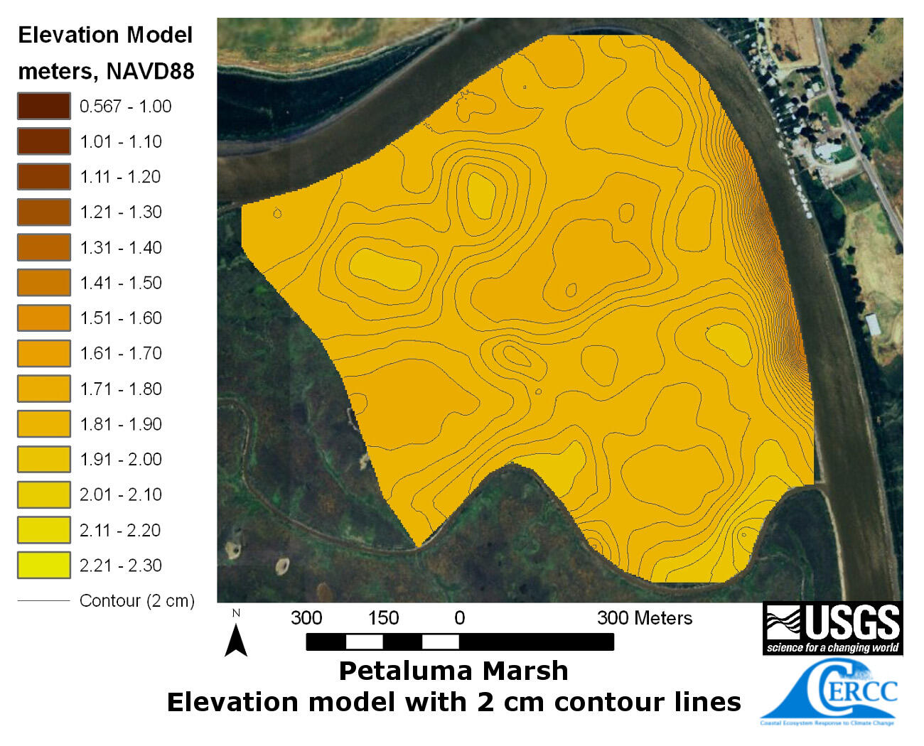 WERC Map of the derived elevation data at Petaluma Marsh with 2 cm contour lines