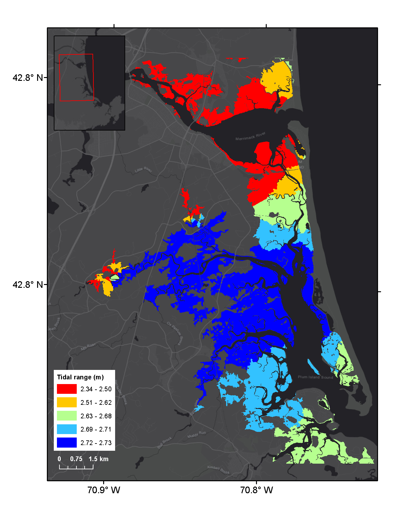 Graphic that shows mean tidal range in marsh units of PIEPR salt marsh complex.