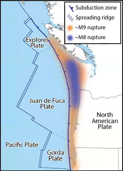Map shows land and ocean with lines drawn to show plate boundaries and shading to show hazards.