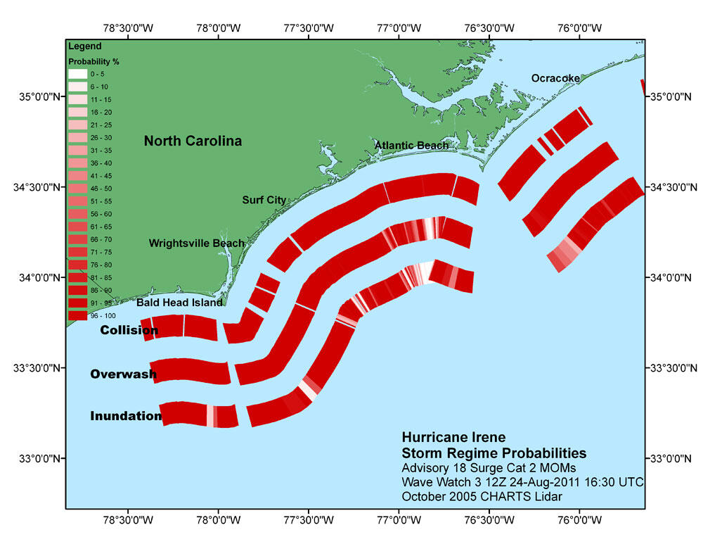 Map of the North Carolina coast with three bands of red, pink, and white segments along the coast with danger probabilities