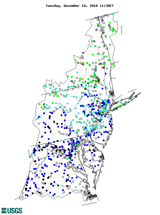 real-time compared to historical streamflow for Mid Atlantic