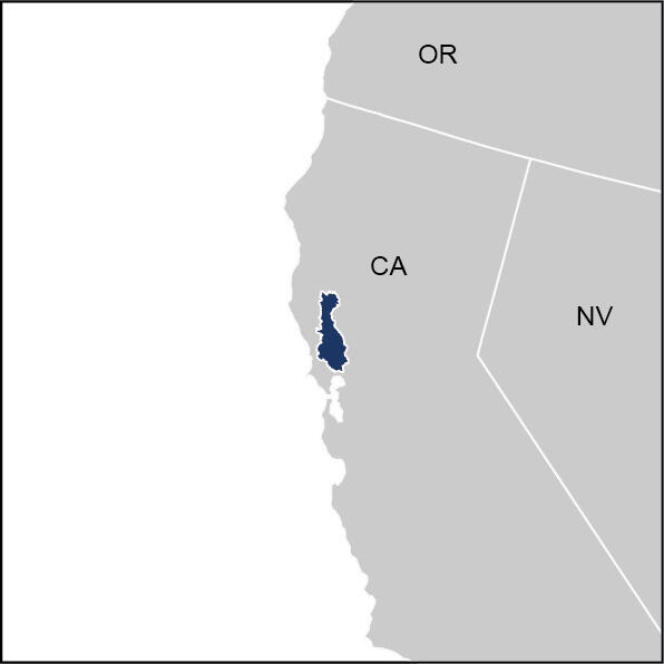 Grey map of the west coast with the Russian River watershed highlighted in blue