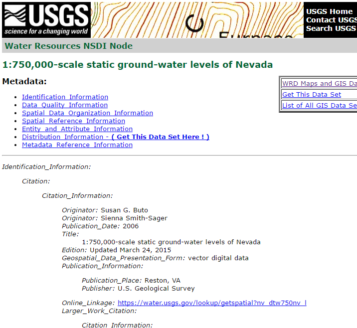 Screen shot of NSDI node for Nevada static groundwater levels