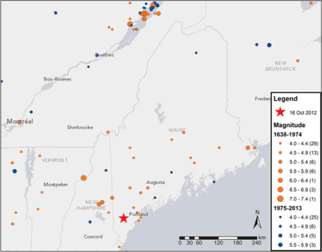 Maine and adjacent states, showing locations of historical M≥4.0 earthquakes since 1638.