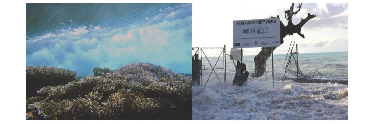 Underwater photo of a coral reef next to a photo of waves breaking over a building foundation with a fence
