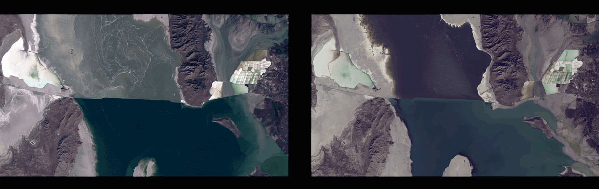 Landsat images of the North Arm of the Great Salt Lake UT showing record low water levels