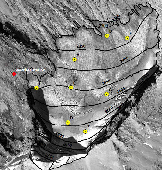 Aerial view map of stake locations on Sperry Glacier