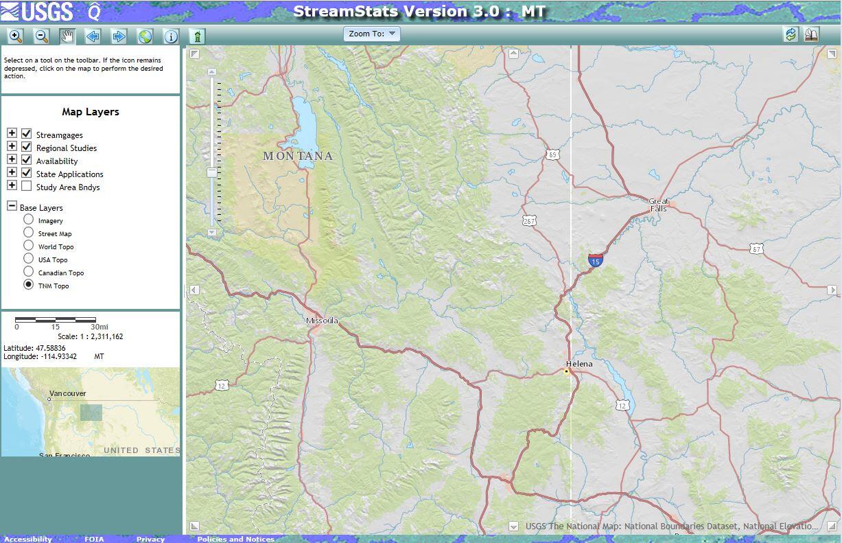 Screen capture of Montana StreamStats application