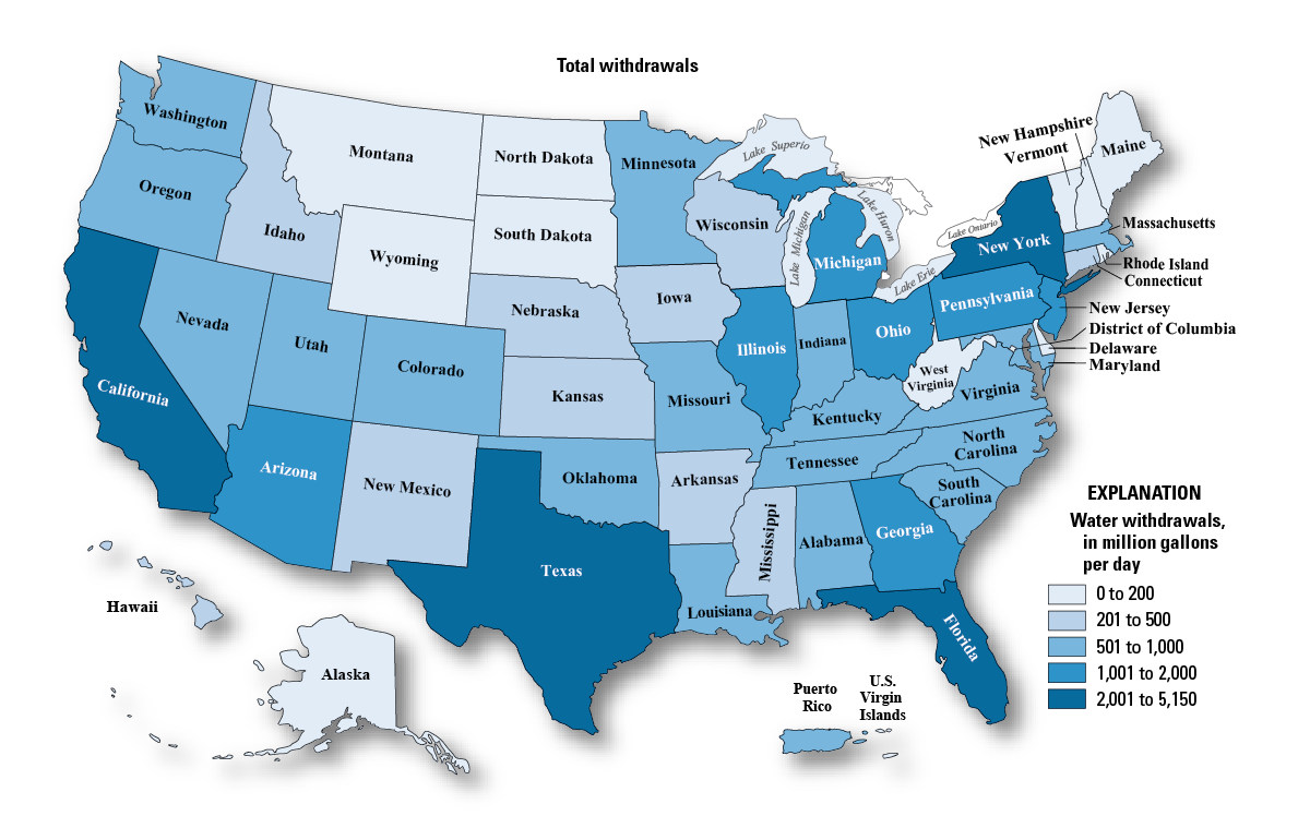 Map of total water withdrawals by State, 2015