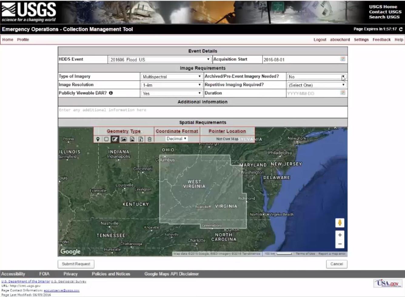 USGS Emergency Operations Collection Management Tool screen capture