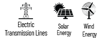 Transmission lines, solar and wind energy icons