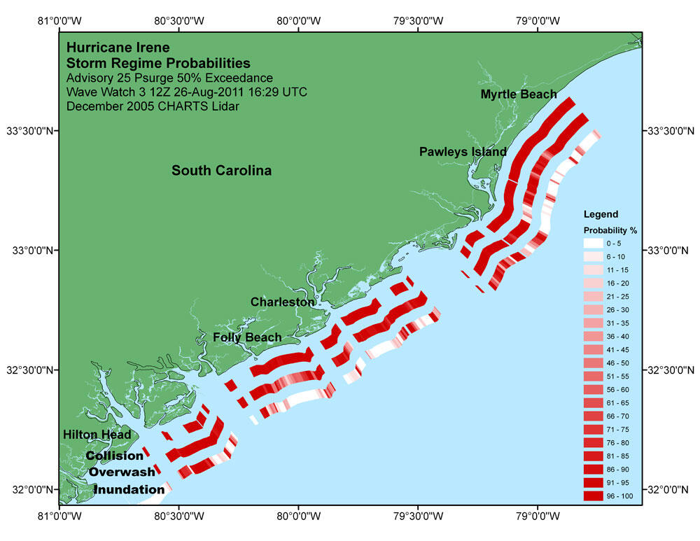 Map of the South Carolina coast with three bands of red, pink, and white segments along the coast with danger probabilities