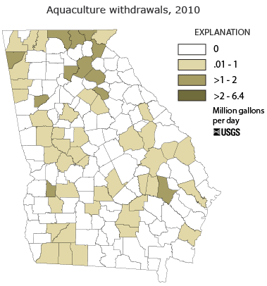 Map showing aquaculture water withdrawals, by county, for Georgia in 2010.