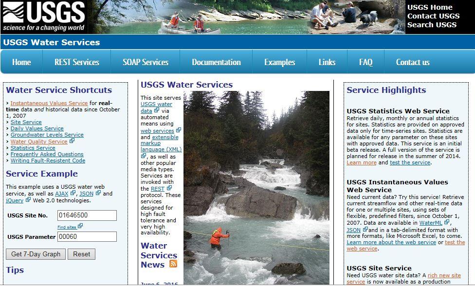 Image of the USGS Water Services portal