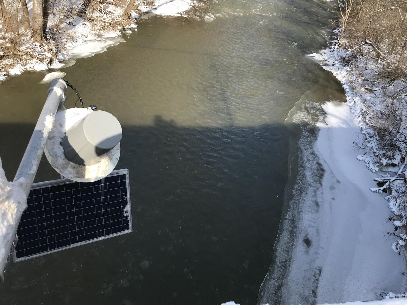 East Fork Whitewater River at Richmond IN - ice on solar panel
