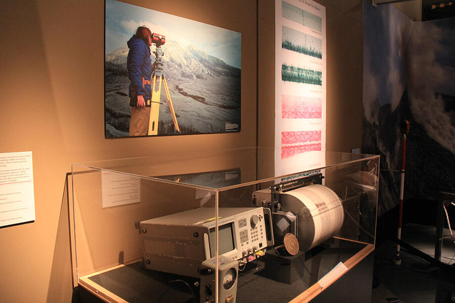 Volcano monitoring equipment on temporary display in museum exhibit...