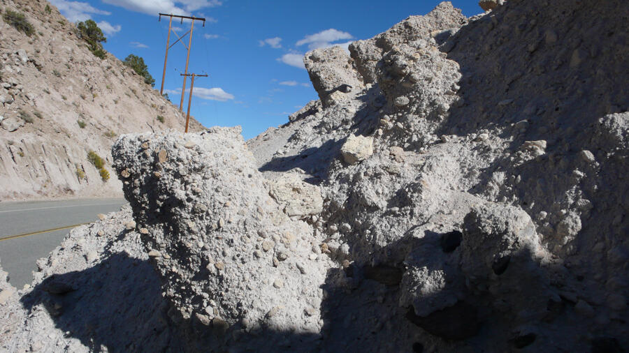 Bishop Tuff fumaroles. The chimney-like structures are remnants of...