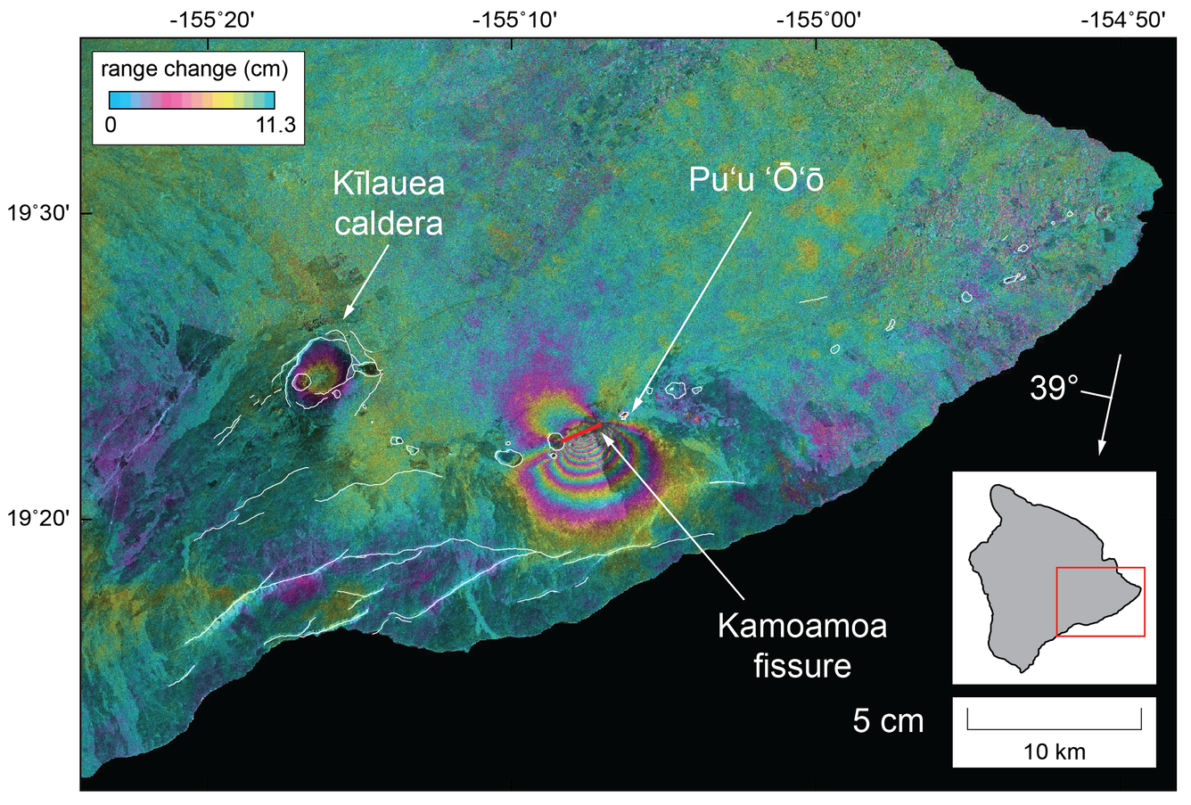 InSAR image Kīlauea, Hawai‘i, March 2011 shows ground surface defla...