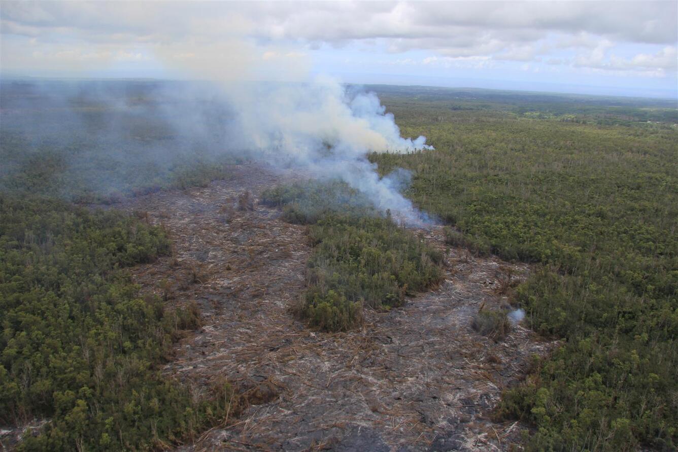 View from above the end of the June 27th lava flow, looking along i...