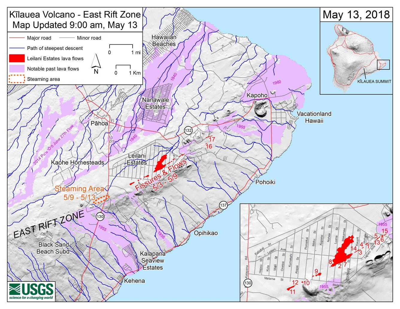 Kīlauea Lower East Rift Zone Fissures, May 13 at 9:00 a.m. HST...