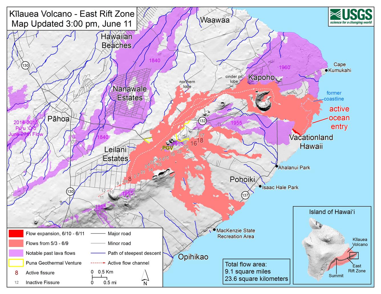 Kīlauea lower East Rift Zone lava flows and fissures, June 11, 3:00...