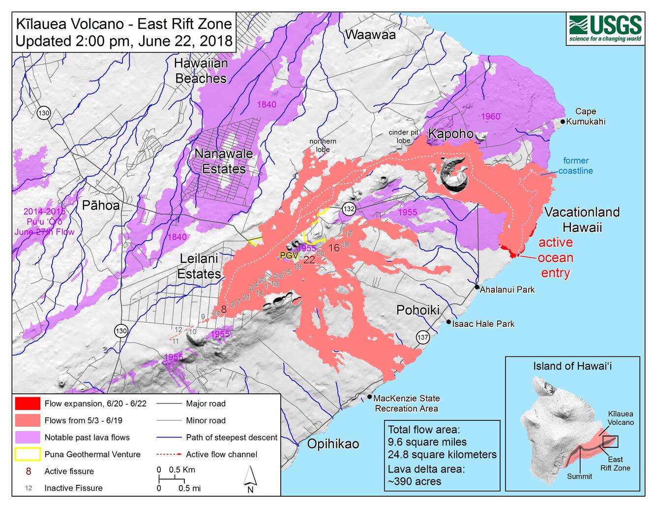 Kīlauea lower East Rift Zone lava flows and fissures, June 22, 2:00...