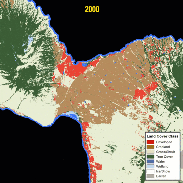 LCMAP’s Primary Land Cover from 2000 to 2020 over Maui, showing an area that was previously croplands