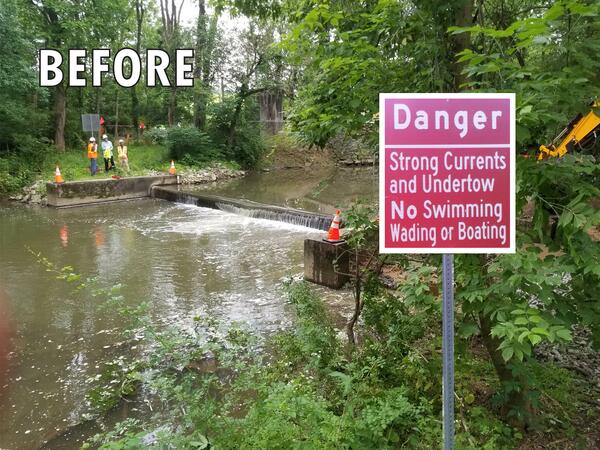 warning sign, red, creek, weir, rocks, trees, water