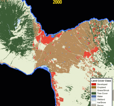 LCMAP’s Primary Land Cover from 2000 to 2020 over Maui, showing an area that was previously croplands