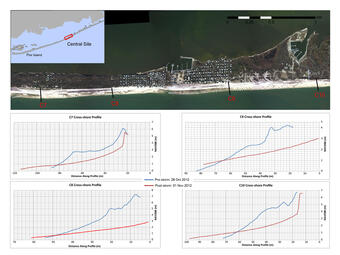 Cross-shore profiles from before and after hurricane Sandy for central Fire Island.