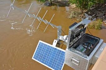Solar panels and batteries supply power to USGS Rapid Deployment Gages