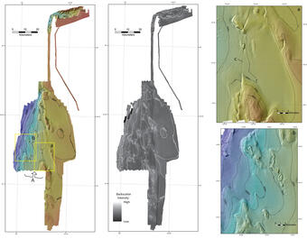 Map illustrations of a section of seafloor that shows seafloor features.
