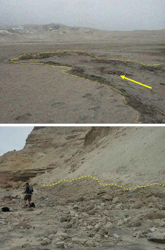 Two photographs show the extents to which debris was carried by tsunami waves.