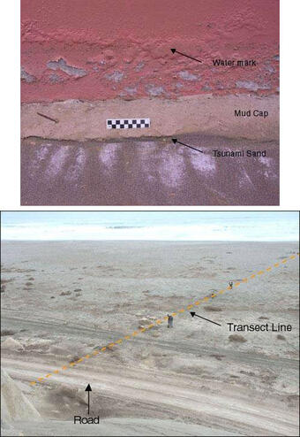 One photo shows mud and sand deposited in a damaged building and one photo shows a sandy beach.